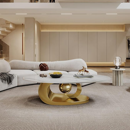 Marble Grain Coffee Table with Gold Stainless Steel Pedestal,Modern Coffee Tables,Oval Living Room Table with Faux Marble Top & Luxury Legs,Sintered Stone Cocktail Center Table,49.20inch