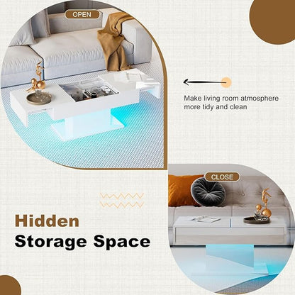 LED Coffee Table with Storage for Living Room, Living Room Table Rectangular Center Table, Modern High Glossy Wooden Coffee Tables with 16 Colors LED Lights for Dining Reception Room, White