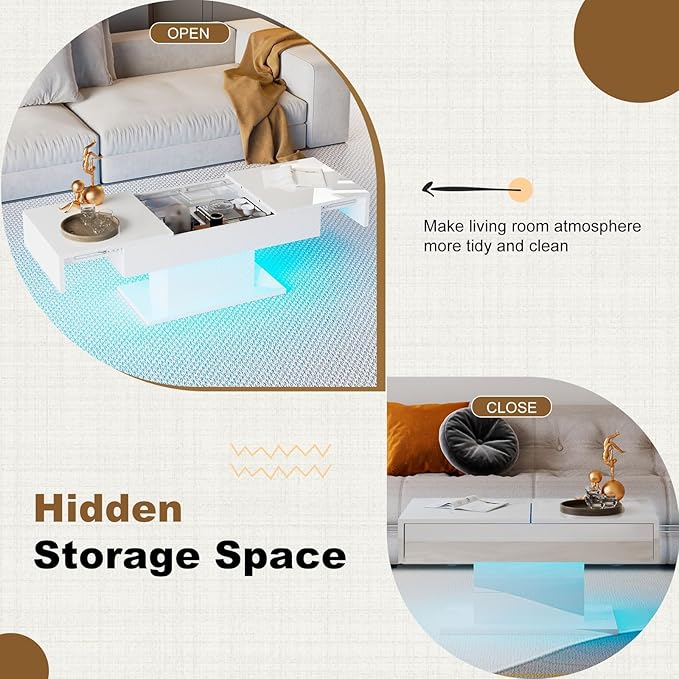 LED Coffee Table with Storage for Living Room, Living Room Table Rectangular Center Table, Modern High Glossy Wooden Coffee Tables with 16 Colors LED Lights for Dining Reception Room, White