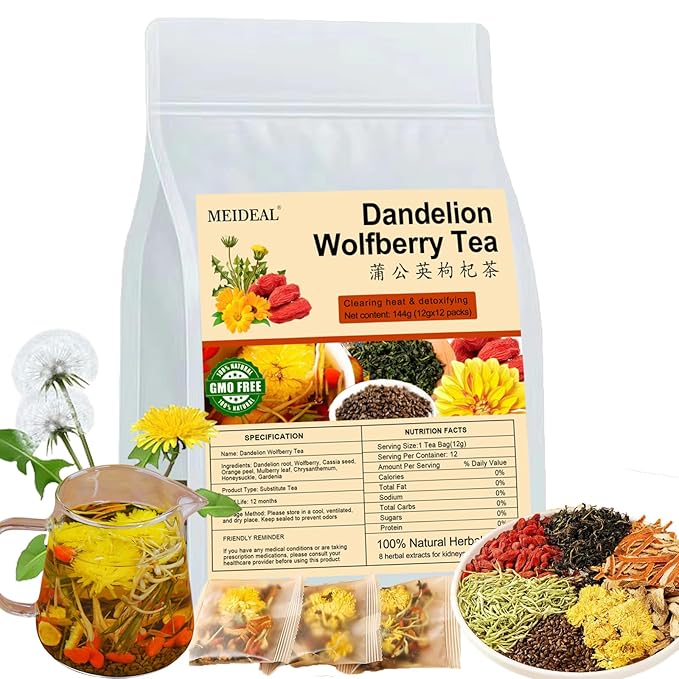 Dandelion Wolfberry Tea, 12 Pcs Organic Dandelion Tea for Kidneys & Liver Health, Eight Natural Chinese Herbal Ingredients Blend with Chrysanthemum, Wolfberry, Cassia Seed (144g (12gx12 packs)