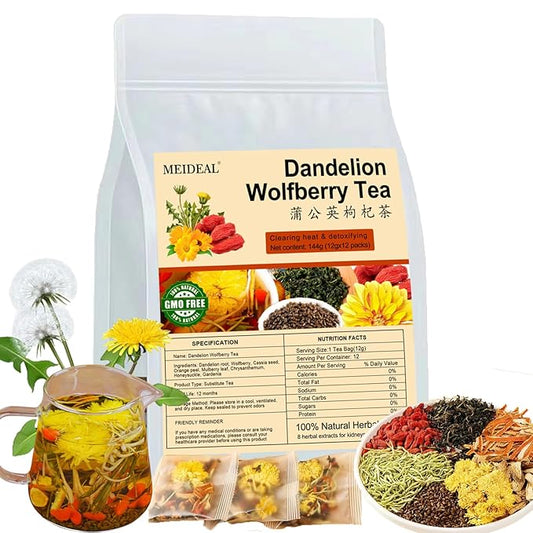 Dandelion Wolfberry Tea, 12 Pcs Organic Dandelion Tea for Kidneys & Liver Health, Eight Natural Chinese Herbal Ingredients Blend with Chrysanthemum, Wolfberry, Cassia Seed (144g (12gx12 packs)