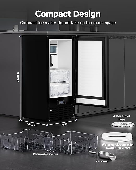 Commercial Ice Machine, Under Counter Ice Maker 66 Lb/Day, Built-in Freestanding Nugget Ice Maker with 2-Drawer Ice Baskets, Auto-Cleaning & 24H Timer, for Commercial & Home Use(Black)