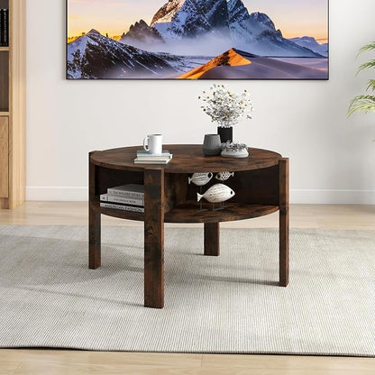 Giantex Round Coffee Table, 2-Tier Mid Century Modern Tea Cocktail Table with Storage Shelves & 4 Side Compartments, Wood Center Table for Living Room, Small Spaces (Rustic Brown)