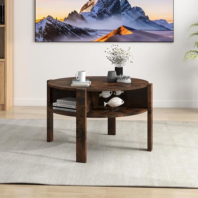 Giantex Round Coffee Table, 2-Tier Mid Century Modern Tea Cocktail Table with Storage Shelves & 4 Side Compartments, Wood Center Table for Living Room, Small Spaces (Rustic Brown)