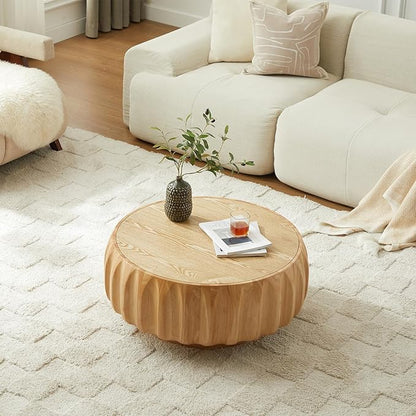 31.5" Round Coffee Table Drum Table Contemporary Wood Fluted Centry Table with Solid Wood Veneer for Living Room (Natural)
