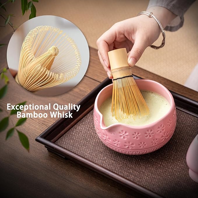 Matcha Whisk Set, 7 Pcs Pink Ceramic & Bamboo Matcha Kit with Bowl, Whisk, Holder, Scoop, Rest, Sifter, Tea Towel