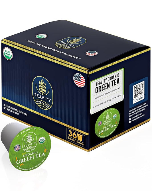 Organic Green Tea Pods for Keurig - Unsweetened Green Tea for K Cup Machines by Teavity (36 Tea Pods)