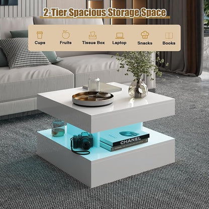 White Marble LED Coffee Table with 2 Storage Drawers for Living Room Square Center Middle Table Modern Cocktail Table with Light 2-Tier Tea Tables Contemporary Mid Century Wood Home Office