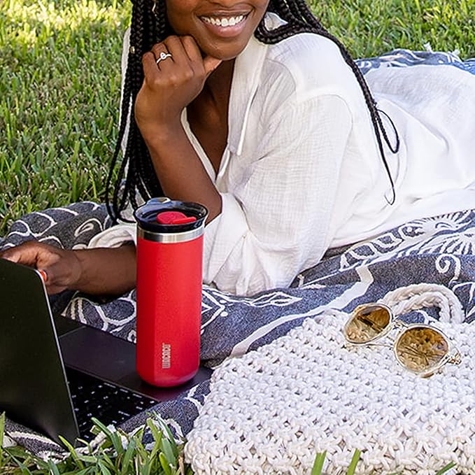 WACACO Octaroma Grande Vacuum Insulated Coffee Mug, 15 fl oz (435ml), Double-wall Stainless Steel Travel Tumbler With Drinking Lid, Carmine Red