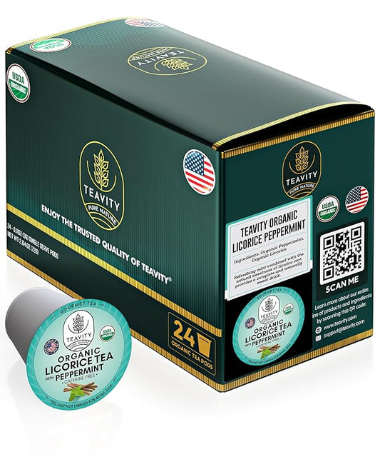Organic Licorice Mint Tea Pods for Keurig - Natural Decaf Peppermint Tea by Teavity (24 Tea Pods)