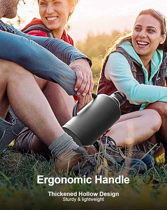 Trebo 128 oz Water Bottle Insulated with Handle, One Gallon Stainless Steel Metal Large Jug, Travel Flask with Straw Spout Lid, Mug Tumbler Cup with Carry Pouch, Keep Cold Hot, Black