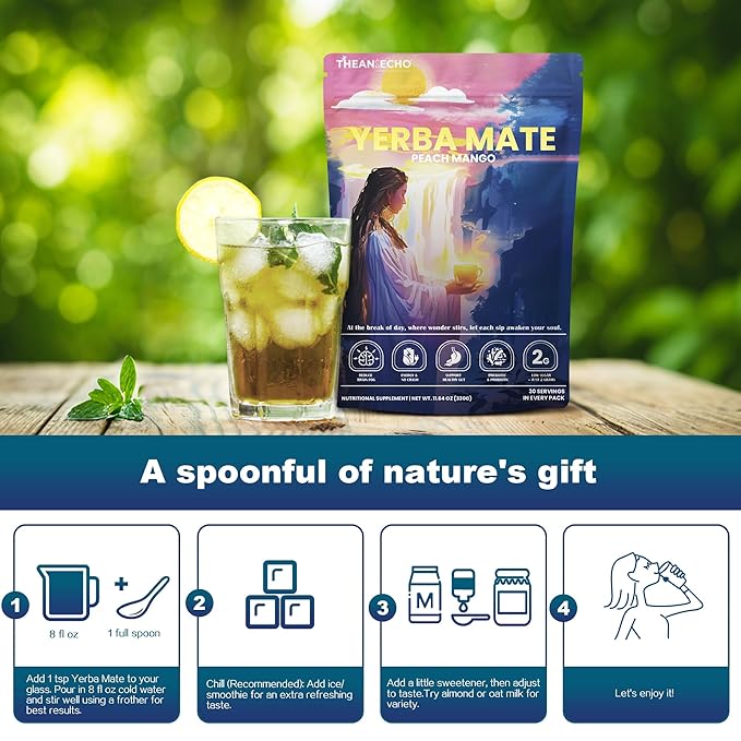 Yerba Mate Peach Mango Tea - Super Calm Yerba Mate - Low Sugar Content, Clean Energy with No Crash - Stay Refreshed and Focused Throughout the Day - Ideal for Health Enthusiasts - 30 Servings