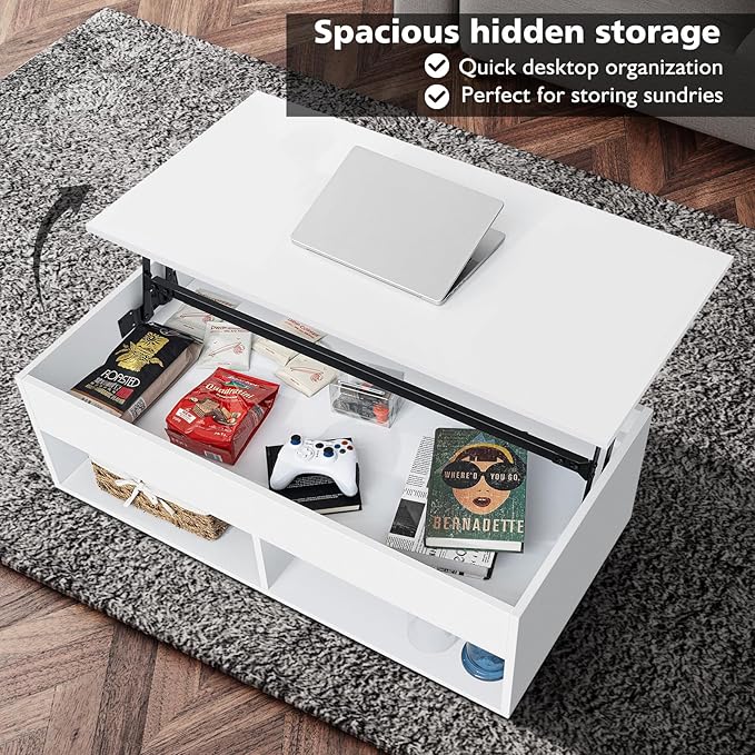 HOMMPA 40" Modern LED Coffee Table with Storage for Living Room, Lift Top Coffee Table with 2 Shelves, High Glossy Wooden Dining Table, Multifunctional Furniture for Bedroom/Home Office, White