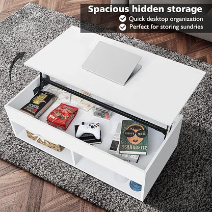 HOMMPA 40" Modern LED Coffee Table with Storage for Living Room, Lift Top Coffee Table with 2 Shelves, High Glossy Wooden Dining Table, Multifunctional Furniture for Bedroom/Home Office, White