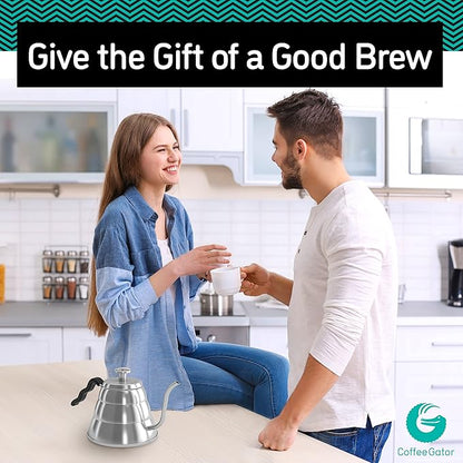 Coffee Gator Gooseneck Kettle with Thermometer - 40oz Premium Stainless Steel Pour Over Coffee Maker Kettles, Stove Top, w/Precision Drip Spout, for Drip Coffee, French Press, Tea Kettle, 5 Cup