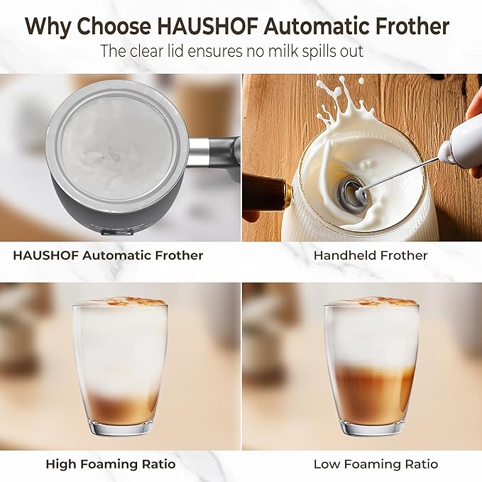 HAUSHOF Electric Milk Frother, 4-in-1 Milk Frother and Steamer, Large Capacity, Automatic Warm and Cold Foam Maker and Milk Warmer for Coffee, Latte, Macchiato, Cappuccino, Hot Chocolate, Black