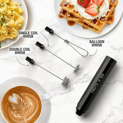 Zulay Froth N Go Milk Frother Rechargeable - 3-in-1 Frother Wand With Case & USB-C Charger - Comes With 3 Whisk Attachments for Latte, Cappuccino, Matcha, Protein Shakes - Black