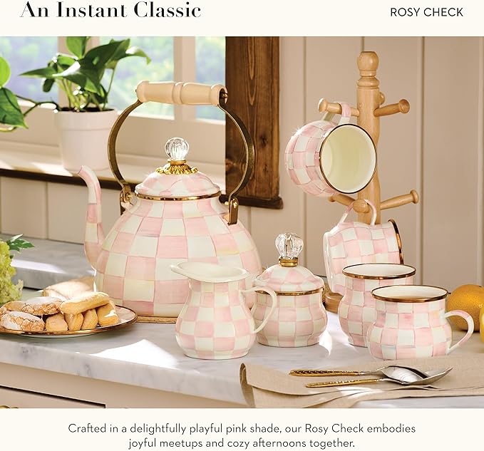 MACKENZIE-CHILDS Enamel Tea Kettle, Stylish Tea Kettle for Stovetop, Pink-and-White Rosy Check, 3 Quarts