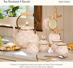 Load image into Gallery viewer, MACKENZIE-CHILDS Enamel Tea Kettle, Stylish Tea Kettle for Stovetop, Pink-and-White Rosy Check, 3 Quarts