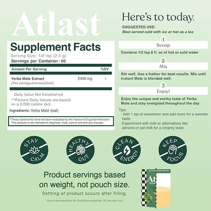 Yerba Mate Instant Tea Powder by Atlast Nutrition- Premium Unroasted, Unflavored, Yerba Mate Instant Tea for a Refreshing and Energizing Experience - 50 Servings