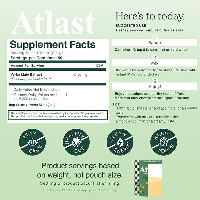 Yerba Mate Instant Tea Powder by Atlast Nutrition- Premium Unroasted, Unflavored, Yerba Mate Instant Tea for a Refreshing and Energizing Experience - 50 Servings