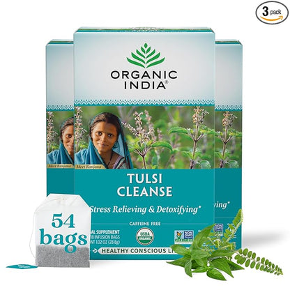 ORGANIC INDIA Tulsi Cleanse Tea - Holy Basil, Ginger, Turmeric, Herbal Tea, Stress Relieving & Cleansing, Immune Support, Adaptogen, Organic, Non-GMO, Caffeine-Free - 18 Infusion Bags, 3 Pack