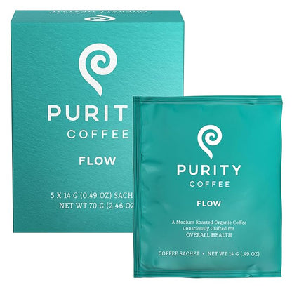 Purity Coffee FLOW Medium Roast Organic Coffee - USDA Certified Organic Specialty Grade Arabica Single-Serve Packets - Third Party Tested for Mold, Mycotoxins and Pesticides - 5 ct Box