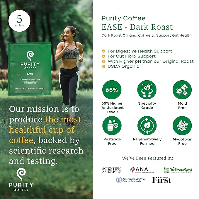 Purity Coffee EASE Dark Roast Low Acid Organic Coffee - USDA Certified Organic Specialty Grade Arabica Single-Serve Packets - Third Party Tested for Mold, Mycotoxins and Pesticides - 5 ct Box