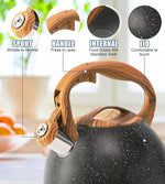 Load image into Gallery viewer, Whistling Tea Kettle Stovetop, Tea Pots for Stove Top Food Grade Stainless Steel with Wood Pattern Handle, 3.2Quart (Black)