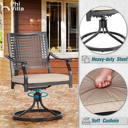 PHI VILLA Patio Swivel Dining Chairs Set of 4, Outdoor Kitchen Garden Metal Chair with Cushions, Patio Furniture Chair with Armrest, Black Frame