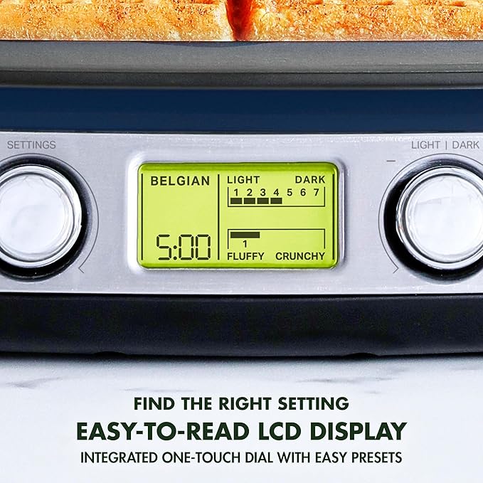 GreenPan Elite 4-Square Belgian & Classic Waffle Maker, Healthy Ceramic Nonstick Aluminum Dishwasher Safe Plate,Adjustable Shade/Crunch Control Wont Overflow Easy Clean,Breakfast,PFAS-Free,Oxford Blue