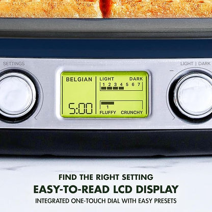 GreenPan Elite 4-Square Belgian & Classic Waffle Maker, Healthy Ceramic Nonstick Aluminum Dishwasher Safe Plate,Adjustable Shade/Crunch Control Wont Overflow Easy Clean,Breakfast,PFAS-Free,Oxford Blue