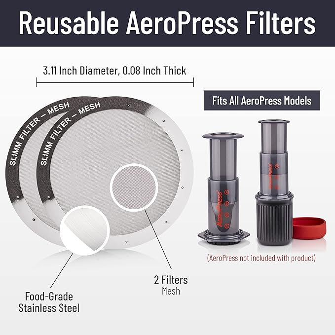 Reusable Filter Set by Slimm Filter - 2 Piece, Stainless Steel Metal - 2x Mesh Metal Filters For AeroPress Coffee & Espresso Maker, with Complimentary Recipe Book - Brew Barista-Grade Coffee At Home