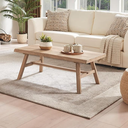 Wnutrees 43" Farmhouse Solid Wood Coffee Table, Rustic Rectangular Center Table for Living Room, Natural