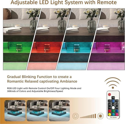 LED Coffee Table for Living Room, Living Room Table 2-Tier Square Middle Center Table, Modern Coffee Tables with Storage, Contemporary Wood Tea Tables for Dining Reception, Rustic