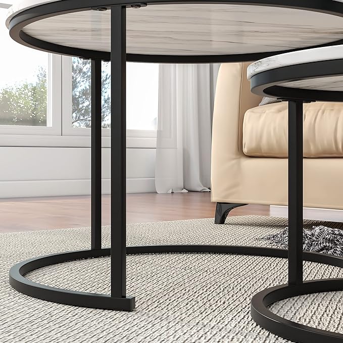 Nesting Round Coffee Table Set of 2 End Tables for Living Room,Circular and Marble Coffee Table Wooden Accent Furniture with Metal Frame,Stacking Side Tables,Black