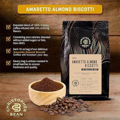 Christopher Bean Coffee - Certified Kosher, Decaf Ground Universal Drip Amaretto Almond Biscotti Coffee | Amaretto Flavored Medium Roast Coffee 100% Arabica, No Sugar, No Fats, Non-GMO | 10-Ounce