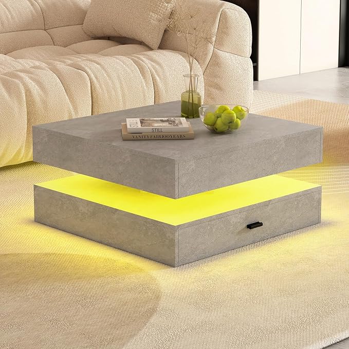 Grey LED Coffee Table for Living Room, 2-Tier Living Room Table Square Center Table, Modern Coffee Tables with Storage, Middle Wooden Tea Tables for Home Office