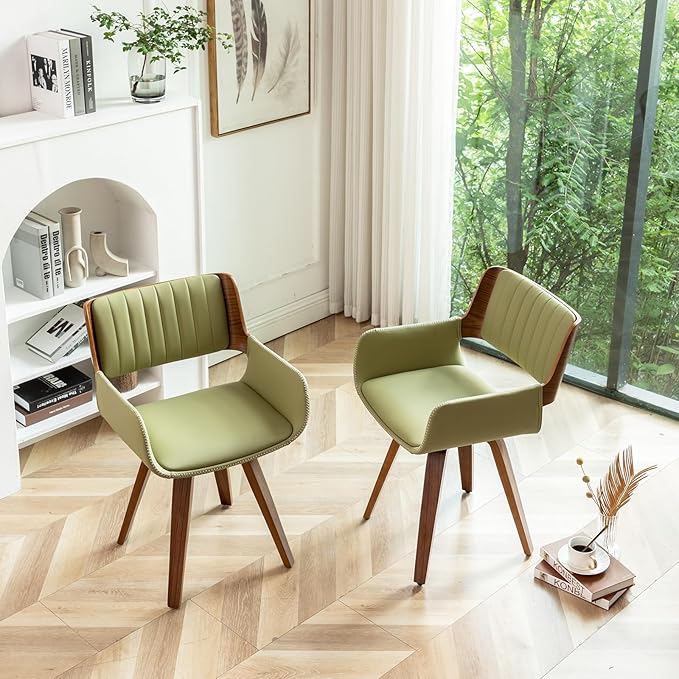 LUNLING Swivel Accent Faux Leather Dining Chairs Set of 2 Mid Century Modern Chairs with Wooden Legs/Armrest/Upholstered Seat/Adjustable Foots for Kitchen Dining Room Desk Chairs Beige