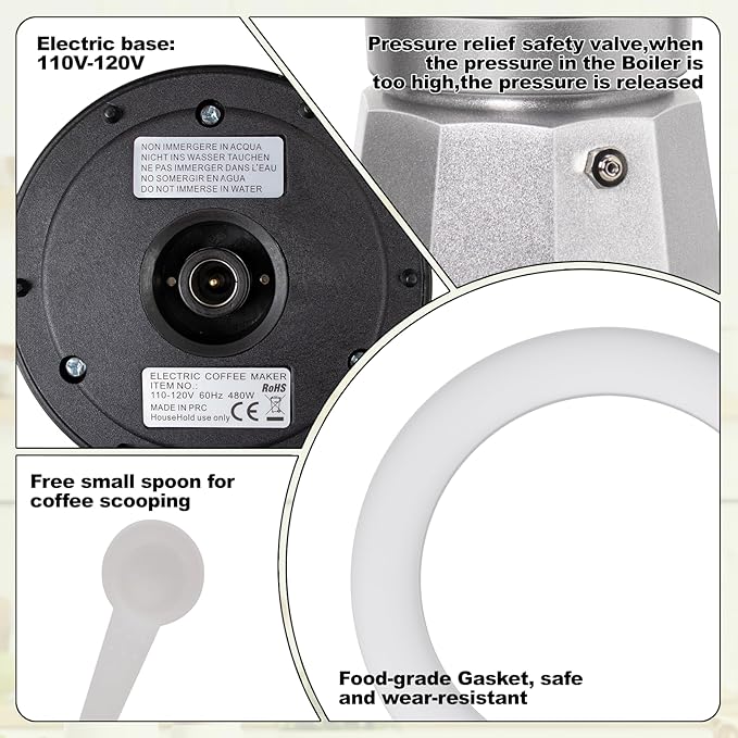 Electric Aluminum Moka Pot 5-6 Cup 270ml Espresso Maker with Detachable Base Ideal Coffee Makers for Home MochaPot Italian and Cuban Café Coffeemaker Espressomaker CoffeePot Silver