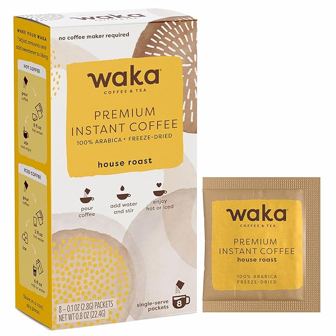Waka Premium Instant Coffee Sachets — 100% Arabica Freeze Dried Beans — For Hot or Iced Coffee (8 Count, House Roast)