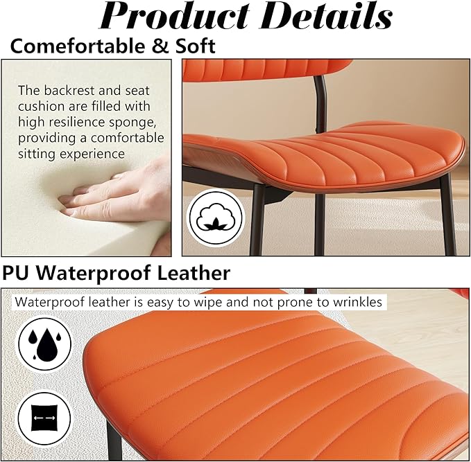 Modern PU Leather Dining Room Chairs Set of 2, Upholstered Kitchen Chairs with Walnut Bentwood Back and Metal Legs Adjustable Feet for Kitchen Dining Room(Orange)