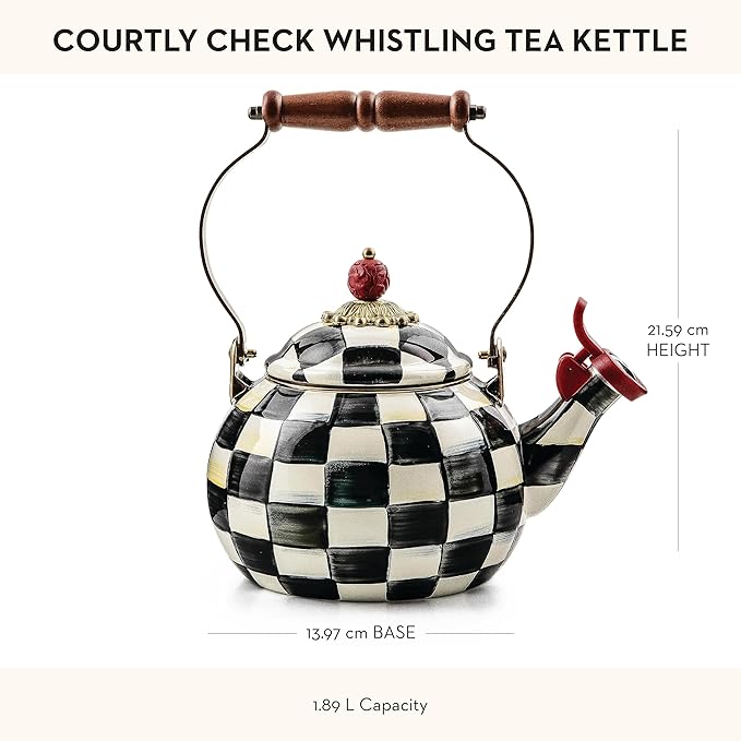 MACKENZIE-CHILDS Enamel Whistling Tea Kettle, Decorative Teapot for Stovetop, Black-and-White Courtly Check