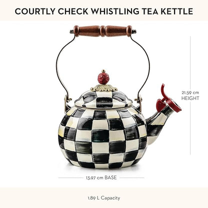 MACKENZIE-CHILDS Enamel Whistling Tea Kettle, Decorative Teapot for Stovetop, Black-and-White Courtly Check