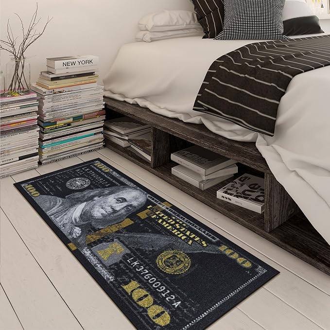 Ottomanson 22" x 53" $100 Bill Money Rug - Durable & Non-Slip Area Rug - Fun & Eye-Catching Decor for Bedroom, Office, Game Room & Man Cave - Unique Gift for & Trendy Home Decor, Black/Gold