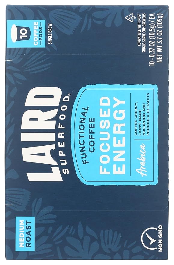 Laird Superfood K-Cups with Functional Mushrooms - Focused Energy, 10ct - Plant-Based Blend of Lions Mane Mushrooms, Rhodiola Extract, and Coffee Cherry - Delicious and Convenient