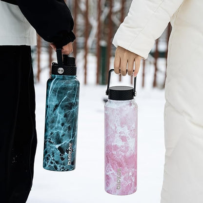 BJPKPK 2 Pack Insulated Water Bottles with Straw Lids, 40oz Stainless Steel Metal Water Bottle with 6 Lids, Leak Proof BPA Free Jugs, Cups, Flasks for Travel, Sports (Blossom+Ocean)