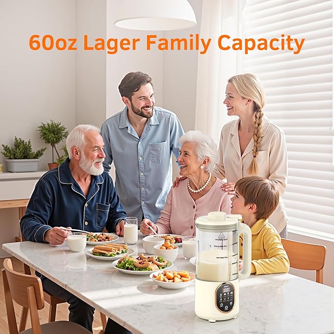 Beyn 60oz Nut Milk Maker Machine with 48-Leaf Titanium Blades，10-in-1 Automatic Plant-Based Milk Maker for Homemade Oat, Soy, Almond, Juice & More，Temp Hold, Delay Start, Boil &Auto Clean