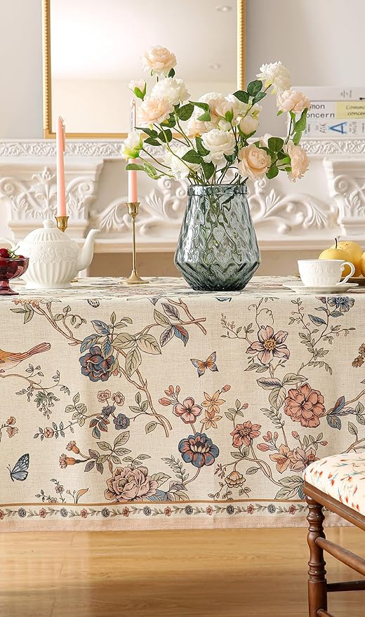 Designer French Light Beige Long Tablecloth Rectangle,Linen Florals and Birds Pattern Table Cloth,Anti-Wrinkle Decorative Tablecloths for Dining Thanksgiving Kitchen,63"*94"-Cornucopia