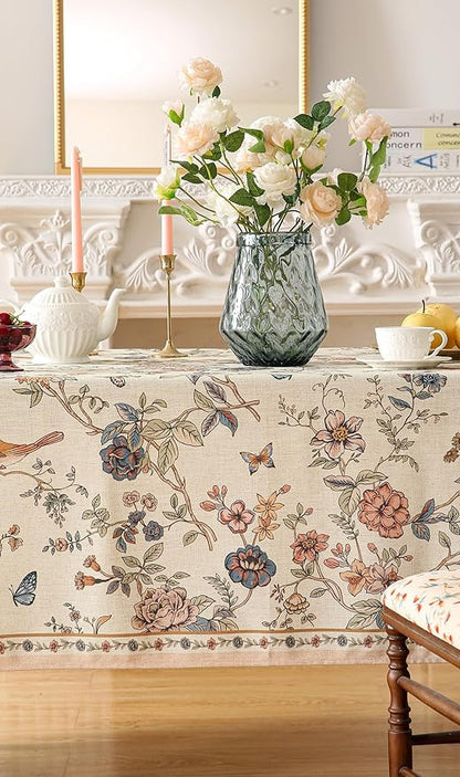 Designer French Light Beige Extra Long Rectangle Tablecloth,Linen Florals and Birds Pattern Table Cloth,Durable Decorative Tablecloths for Dining Thanksgiving Kitchen,63"*110"-Cornucopia